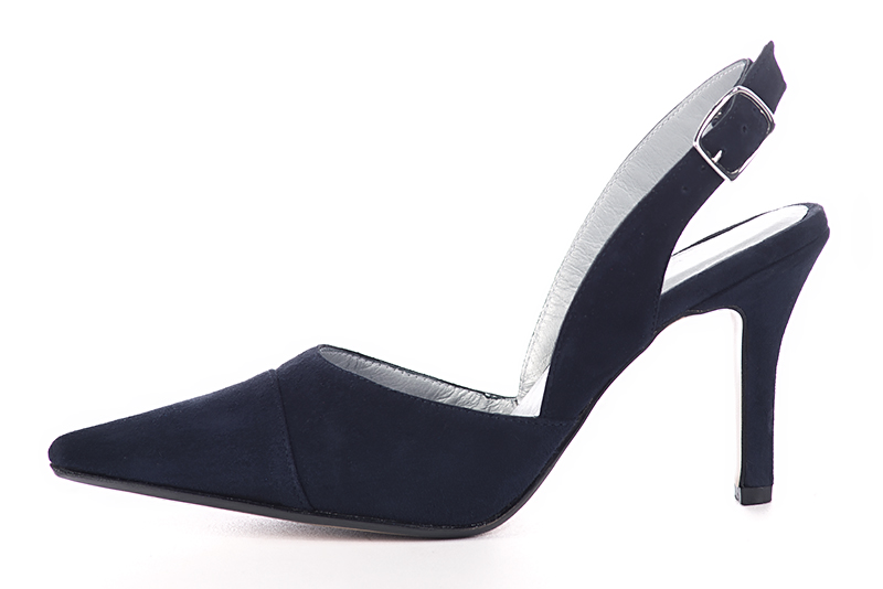 Navy blue women's slingback shoes. Pointed toe. High slim heel. Profile view - Florence KOOIJMAN